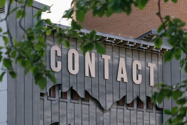 Contact's exterior facade as seen through the leaves of trees, sunlight streaming through