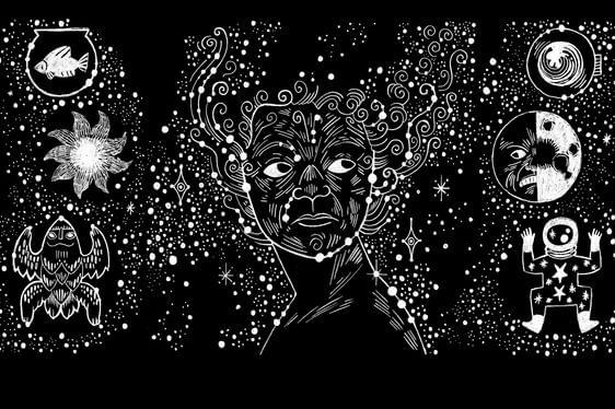 Black and white illustration of a woman in the middle, surrounded by stars.
